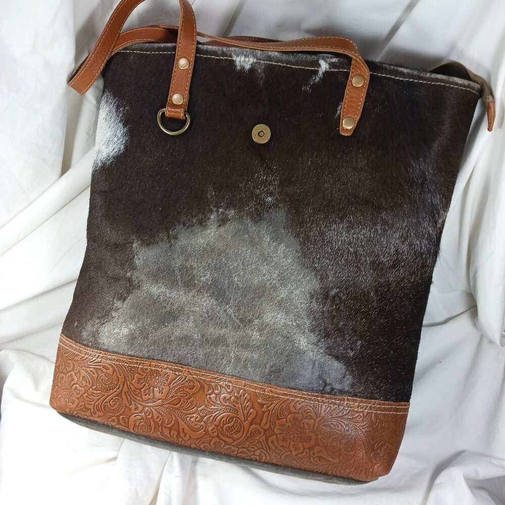 Myra Bag Dk Brown White Cowhide Gray Canvas Tooled Leather Shoulder Bag Zip 16" - Picture 2 of 13